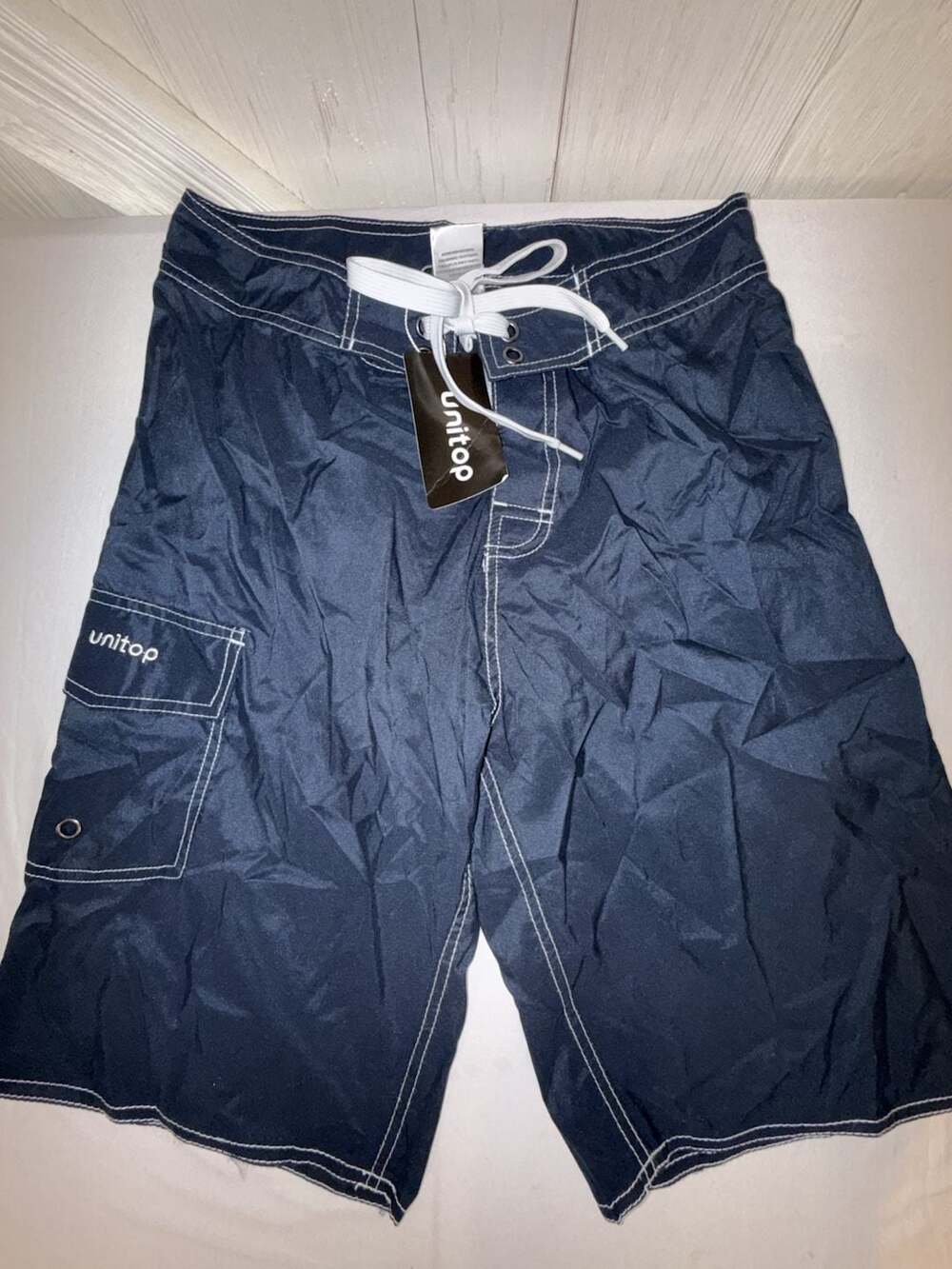 Unitop Men's Navy Cargo Swim Trunks with White Contrast Stitching Size 30 (b37)